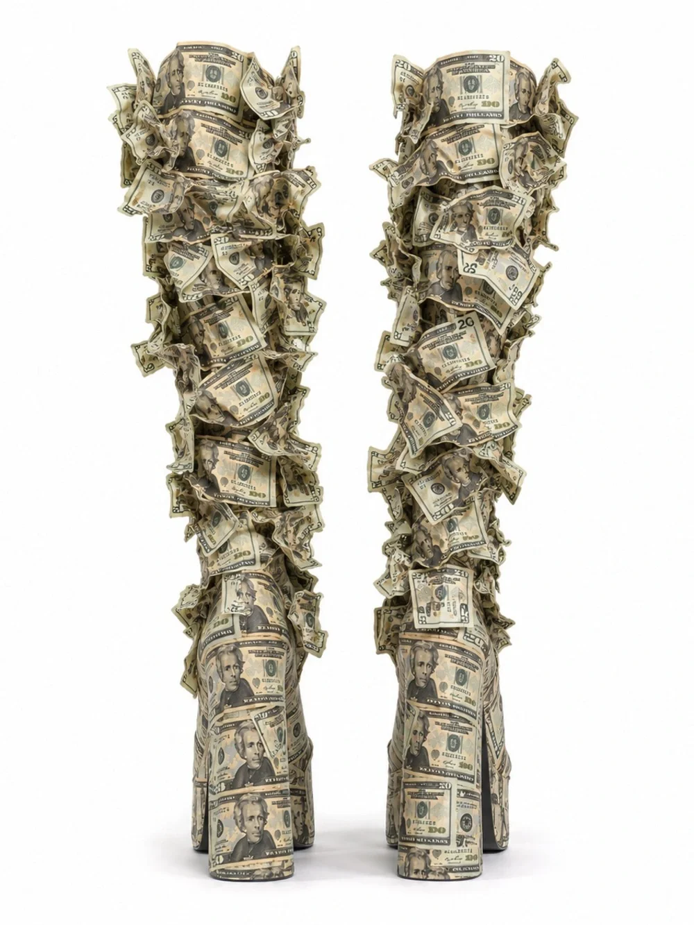Money Boot Over-the-Knee Money Print Platform Boots - Green/Beige